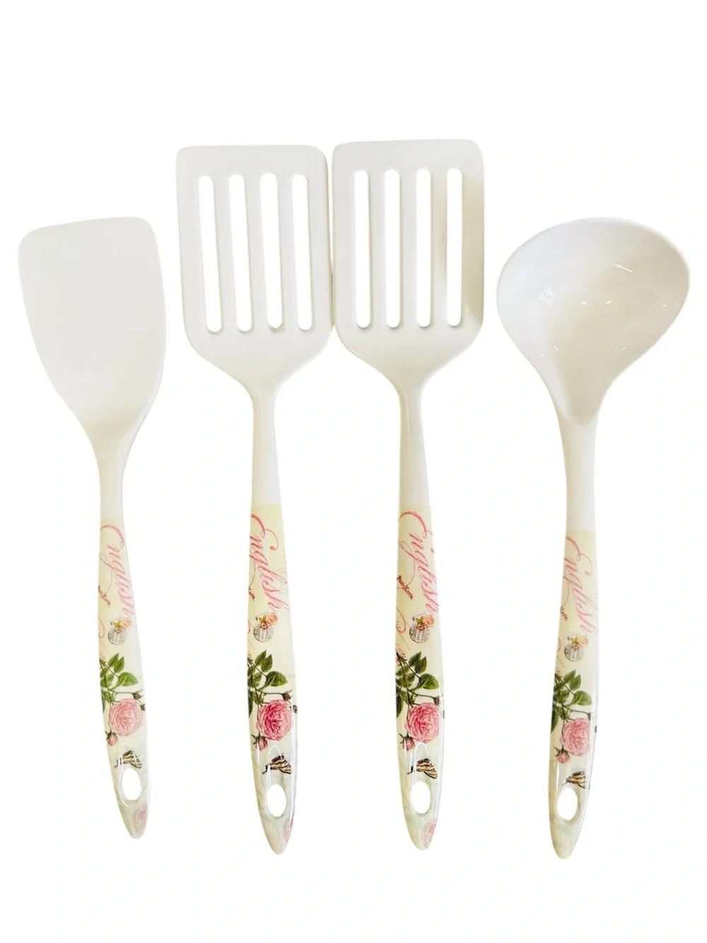4 Piece Melamine Ware Serving Spatula 2 Slotted Spatula Ladle Queen Rose Pattern